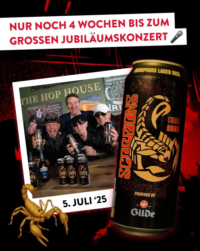 🎸 In genau einem Monat steigt Hannovers lautestes Jubiläum: Die Scorpions feiern ihr großes Jubiläumskonzert in der Heinz von Heiden Arena – und wir feiern mit! 🦂🍻
 
Denn am 5. Juli wird das SCORPIONS x GILDE Lager direkt im Stadion ausgeschenkt. Wer also live am Start ist, kann direkt mit dem passenden Bier anstoßen. 🤘
 
👉 Du kannst bis dahin nicht mehr warten oder willst dir das Konzertfeeling nach Hause holen? Dann check jetzt unseren Produktfinder und sichere dir das Bier schon vorher in deiner Nähe: Link in Bio. 🔍 
 
Außerdem wartet auf unserer Website ein spannendes Scorpions-Gewinnspiel mit tollen Preisen auf euch. Jetzt mitmachen und gewinnen!
 
#dasgildet #meingilde #hannover #Scorpions #GildexScorpions #RockBier #Hannover #KonzertCountdown